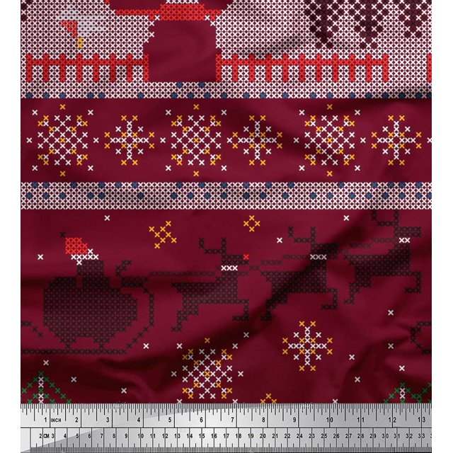 Soimoi polyester Crepe Fabric Cross Stitch Christmas Print Fabric by the Yard 42 Inch Wide