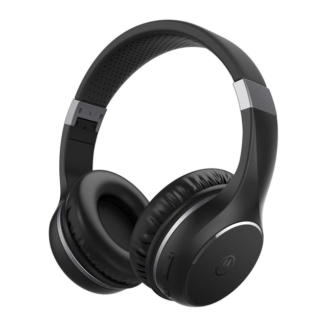 Motorola XT220 Écouteurs Sans Fil Bluetooth Noirs avec Embouts d'Oreille Pliables Rembourrés par-Dessus l'Oreille, Serre-Tête Perforé Ajustable et Commandes à Trois Boutons sur l'Oreille Droite pour le volume et l'Alimentation, Offrant une Autonomie de 24 Heures et une Connectivité Bluetooth, Convient Aussi à une Utilisation Filaire avec Câble audio Détachable.