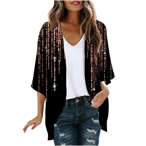 lcziwo 2024 Women Kimono Cover Up Kimonos for Women Floral Print Lightweight Chiffon Kimonos Cardigan Puff Sleeve Loose Beach Wear Coverups Blouse Tops Black XXL