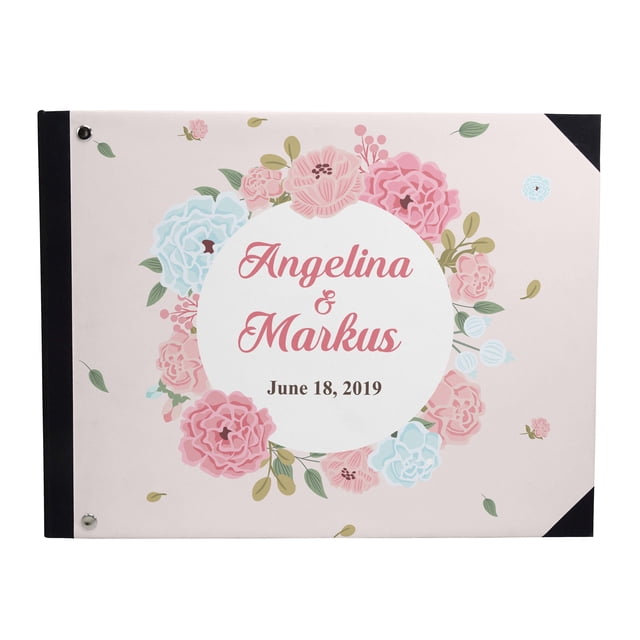 Darling Souvenir Pink Floral Wreath Printed Hardbound Cover Guestbook For Wedding Guest Sign In Book Registry-9 x 12 Inches