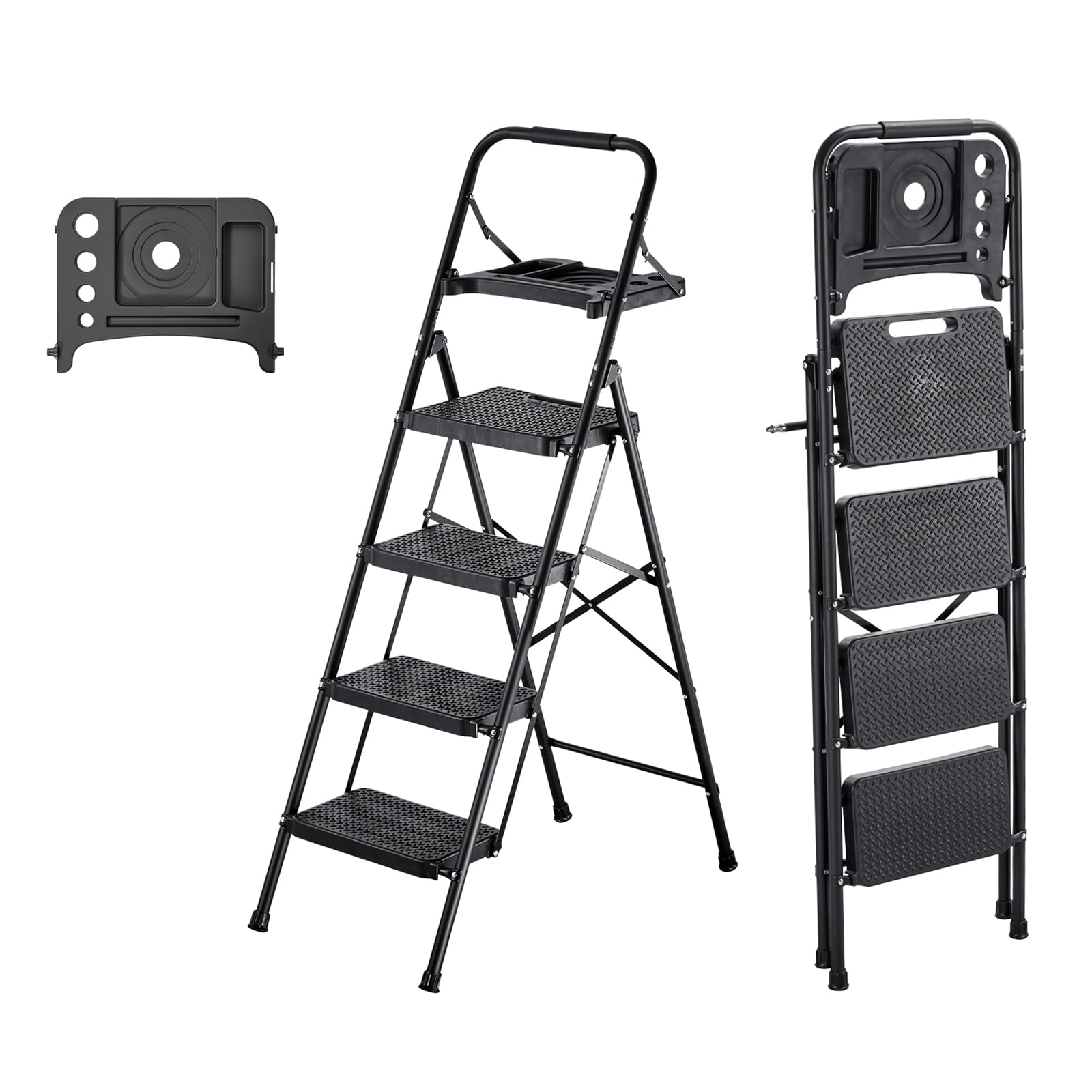 KFFKFF 4 Step Ladder, Folding Step Stool with Wide Anti-Slip Pedal, Tool Tray, Comfort Handgrip, 600 lbs Capacity Portable Steel Ladder, Multi-Use for Kitchen, Black