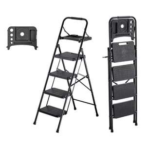 KFFKFF 4 Tabouret pliant avec large pédale antidérapante, bac à outils, poignée de confort, 600 lbs Capacité Échelle en acier portable, Multi-Utilisation pour la cuisine, Noir