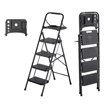 KFFKFF 4 Step Ladder, Folding Step Stool with Wide Anti-Slip Pedal, Tool Tray, Comfort Handgrip, 600 lbs Capacity Portable Steel Ladder, Multi-Use for Kitchen, Black