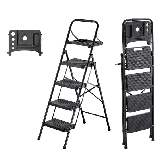 KFFKFF 4 Step Ladder, Folding Step Stool with Wide Anti-Slip Pedal, Tool Tray, Comfort Handgrip, 600 lbs Capacity Portable Steel Ladder, Multi-Use for Kitchen, Black