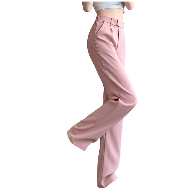 Timegard Formal Pants for Women Straight Leg Elastic High Waisted Button Office Casual Trousers with Pockets