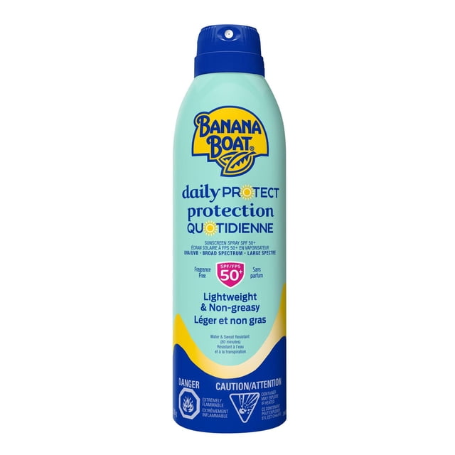 Banana Boat Daily Protect Daily Sunscreen Spray 50+ in a light blue and yellow spray bottle with a blue cap, providing broad-spectrum UVA/UVB protection, SPF 50+, fragrance-free, lightweight, non-greasy formula, and water-resistant up to 80 minutes, labeled in English and French for daily sun care.