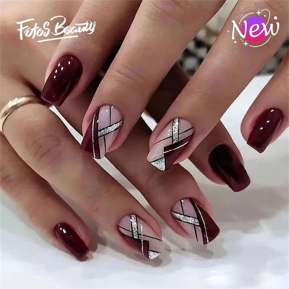 Fofosbeauty 24 Pcs Ongles Autocollants, Faux Ongles en Acrylique, Ongles Pleine Couverture pour Femmes Filles Enfants, Paillettes Carrées Mode