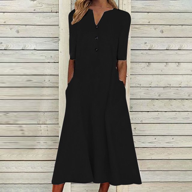 Pisexur Robe à Manches Courtes Col en V Hauteur Genou Mode Femmes Été Imprimé Décontracté Col en V Boutons Manches Courtes Vacances Poches Robe Femmes