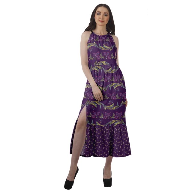 Moomaya Robe Longue Imprimée pour Femmes, Fente avant, Aguichant, Sans Manches, en Rayonne, Robe de Mariage