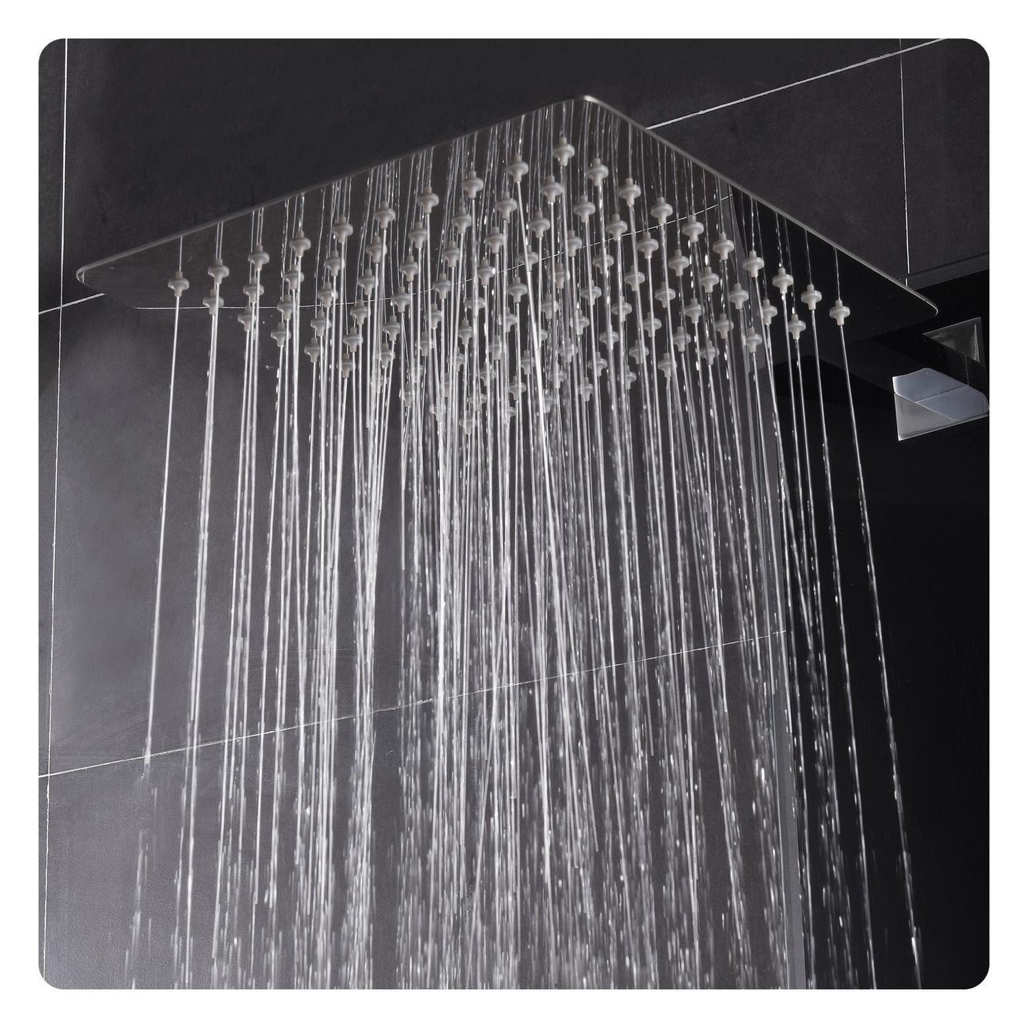 The akuaplus® ZARA stainless steel and glass shower panel with thermostatic cartridge and 3-way diverter, 6 body jets oriental, plus 1 shelf.