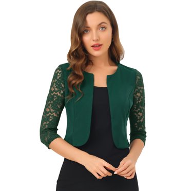INSPIRE CHIC Boléro en Dentelle Florale d'Halloween pour Femme, Manches 3/4, Ouvert à l'Avant, Cardigan de Travail/bureau, Boléro Formel, L Vert Foncé