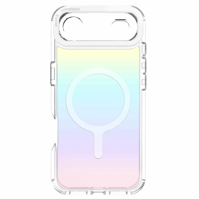 Avana Cosmic Frost MagSafe Case Violet for iPhone Air featuring a clear case with an iridescent pastel gradient in yellow, blue, and pink, circular MagSafe alignment ring, camera cutout, raised edges for 10 ft drop protection, and a self-healing smudge-free surface.