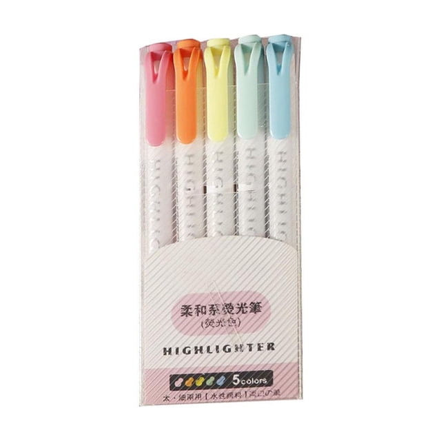 Lisbinx Double-Ended Highlighter Marking Pen Set for Notes, 5 Colours, 10 mL Ink Per Pen, Dual Tips for Underline and Highlight, Pen for Paper
