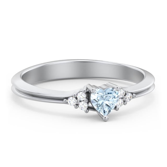Birthstone Heart Ring with Shoulder Accents - Aquamarine (March)