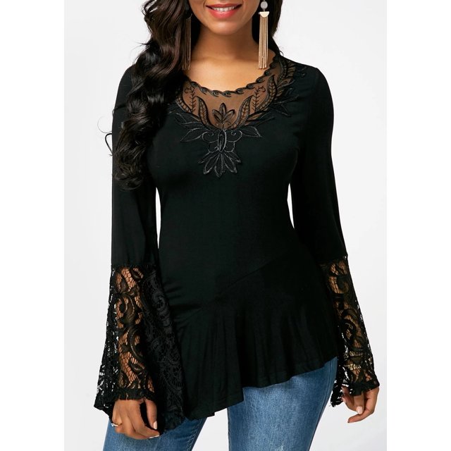 Women's Long-Sleeved Lace Stitching Shirts Round Neck Irregular Blouses Tops