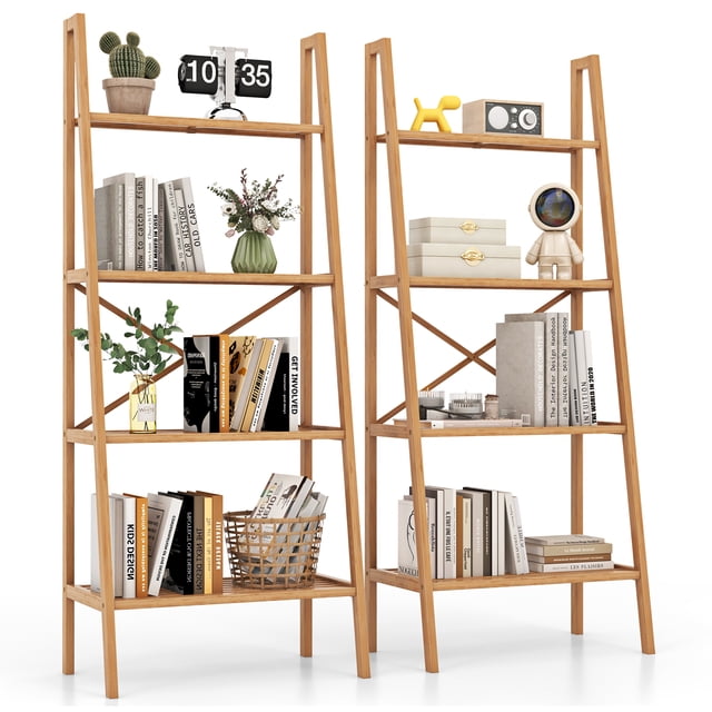 Gymax 2PCS 4-Tier Bamboo Ladder Bookshelf, each measuring 58 inches in height, featuring a natural bamboo finish with four open shelves of varying widths. The shelves are styled with books, plants, and decorative items, showcasing its multifunctional use as a storage rack or plant stand. The reinforced crossbars and anti-slip foot pads ensure stability, while the anti-tipping device adds safety for families with kids and pets. Suitable for living rooms, balconies, or offices.