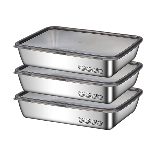 Box with Lid, stainless steel containers with lids made from food-grade 316L stainless steel. The image displays three stackable freezer boxes with polished silver finish, secure non-leak lids, and a spacious 2200ml capacity. Suitable for meal prep, refrigerator organization, or freezer storage.