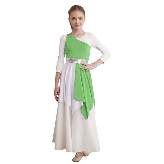 Jhaoyu Robe de Danse Asymétrique pour Filles Enfants, Robe de Prière Liturgique à Blocs de Couleur Vert Clair 6