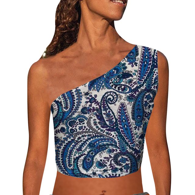 Leutsin Womens Print Tank Crop Tops Sleeveless One Shoulder Shirt Summer Charming Tees