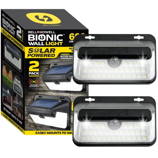 Bell + Howell Bionic Wall Light Max 2 Pack solar powered outdoor wall lights with black rectangular housing, bright COB LEDs, central motion sensor, and solar panel on top, shown with packaging highlighting motion activation and easy 3M tape mounting, ideal for porches and pathways.