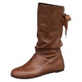 thumbnail image 1 of Bmisegm Bottes Rétro à Bout Rond pour Femmes, Couleur Unie, Grande Taille, Nœud, Talon Compensé, Semelle Épaisse, Légères, Mi-Mollet, Chaussures Bottes pour Femmes, Brun 7.5, 1 of 9