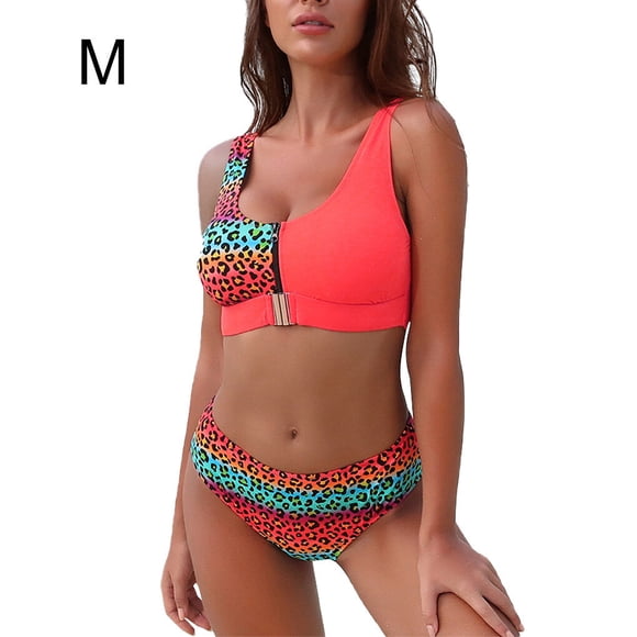 kurtrusly Women Swimsuit Zipper Sexy Swimwear Wireless Padded Beachwear Underwear, Orange and Leopard, M