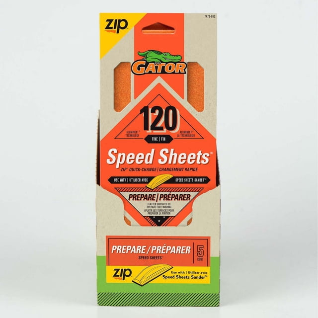 ZIP Hook & Loop Large Sanding Block Refill Sheets, 120 grit fine aluminum oxide sanding sheets by Gator in orange and beige packaging, designed for hand sanding wood, metal, fiberglass, and painted surfaces. Features anti-clog coating, quick-change hook and loop backing, includes 5 sheets compatible with Speed Sheets Sander and drywall clamp-on tools, ideal for smoothing irregular surfaces.