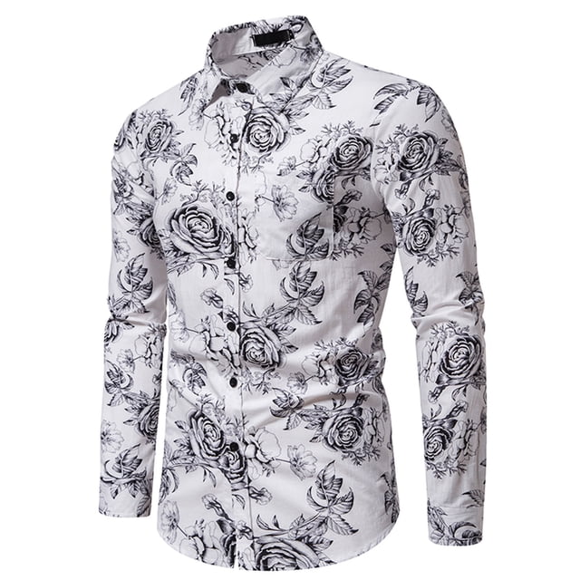 TIMIFIS Men's White Dress Shirts Long Sleeve Floral Button Up Shirts Party Prom Wedding Shirt-White - Fall