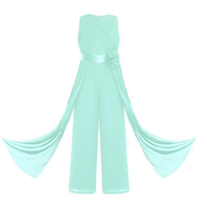renvena Kids Girls Flower Wedding Party Bodysuit Ruffled Chiffon Pageant Banquet Rompers Summer Wide Leg Pants Jumpsuit Playsuit with Detachable Embellishment Mint Green 12