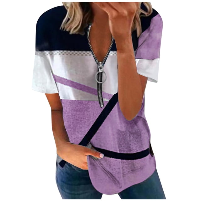 Birdeem Mode Femmes Été Col en V Manches Courtes Imprimé Fermeture Éclair T-Shirt Blouse Décontractée