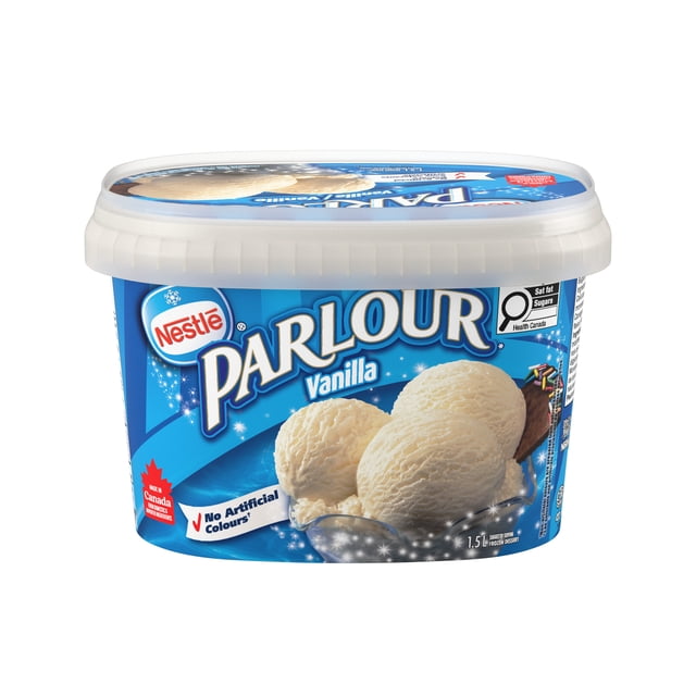 PARLOUR Vanilla Frozen Dessert, 1.5 L front-facing tub with Parlour label and visible pale cream scoop of decadent vanilla frozen dessert; label notes colours prepared from natural sources and crafted in London, Ontario. Tub is reusable and shown with a cone; also suitable as a milkshake base.