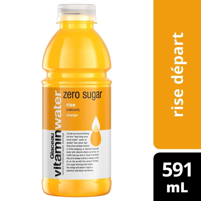 Glacéau vitaminwater zero Rise Bouteille 591 ml à Saveur d'Orange, Eau Améliorée Sans Sucre Enrichie en calcium et en Vitamines, dans une Bouteille en Plastique Transparente avec Étiquette orange et Texte Blanc, Idéale pour l'Hydratation et le Soutien Nutritif.