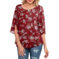 thumbnail image 2 of Pompotops Femmes Casual Imprimé Floral Col Rond 3/4 Manches en Mousseline de Soie Blouse Tops, 2 of 7
