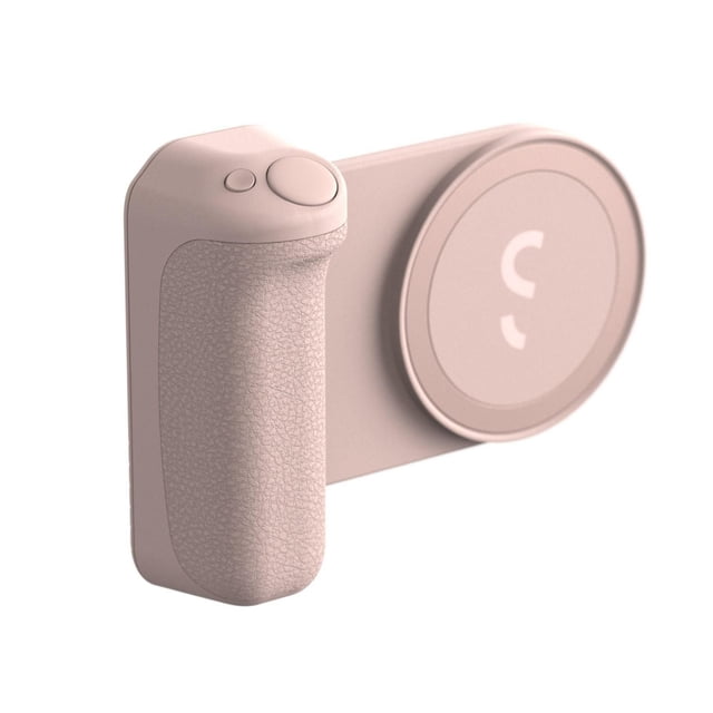 ShiftCam SnapGrip Magnetic Smartphone Battery Grip in soft pink with a textured ergonomic grip and wireless shutter button, featuring a circular magnetic mount compatible with MagSafe, designed for mobile photography, wireless charging, and versatile shooting modes.