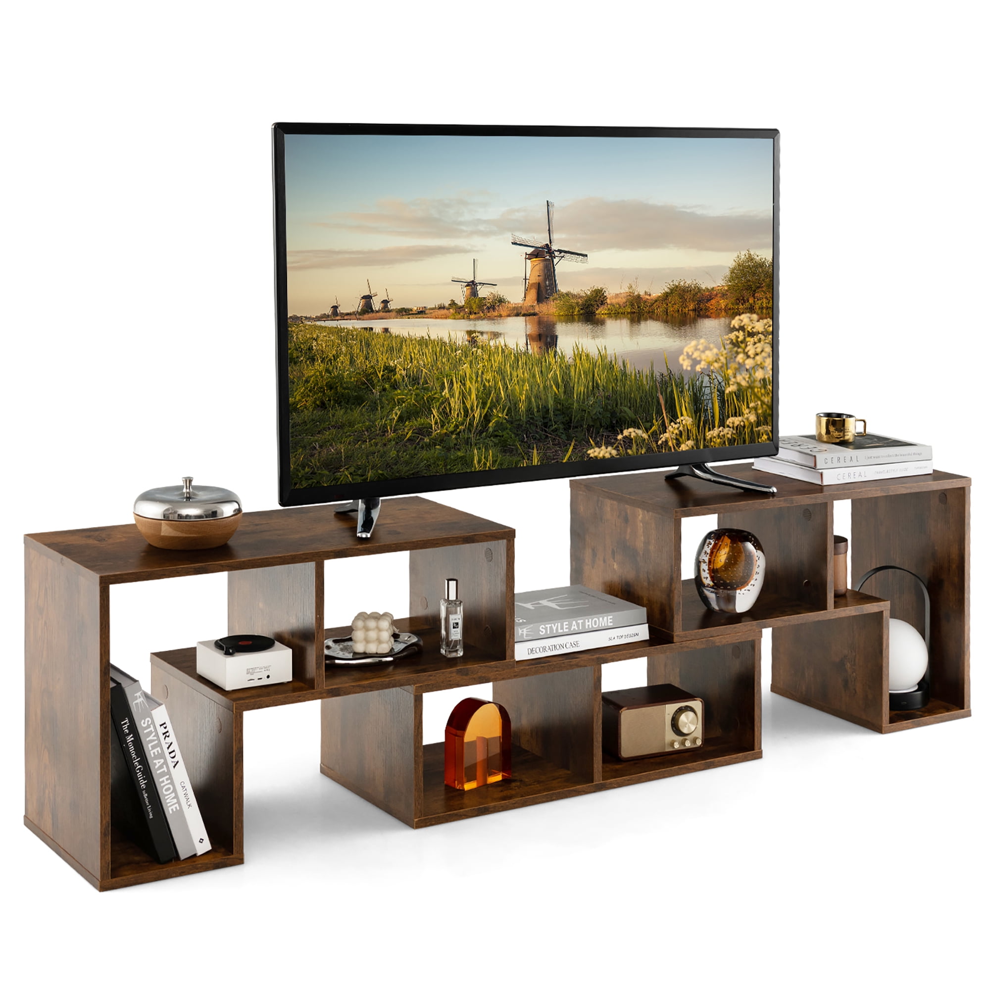 Costway Console de télévision moderne de 3 pièces, centre de divertissement, bibliothèque de rangement, brun