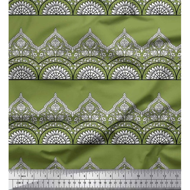 Soimoi Silk Fabric Leaves & Floral Block Print Fabric by The Yard 42 Inch Wide