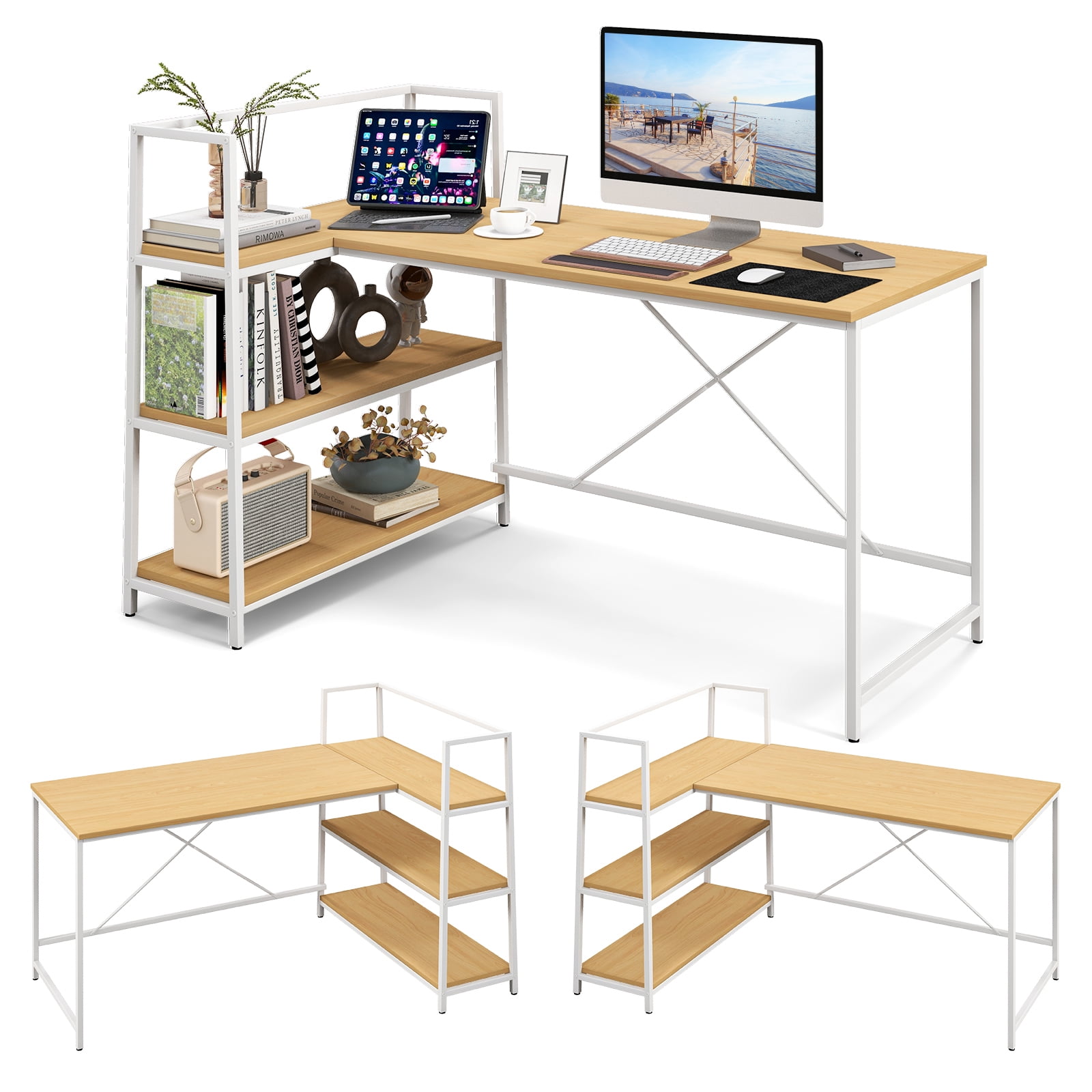 Costway Bureau d'Ordinateur en L Réversible Poste de Travail d'Angle avec Étagère Ouverte à 3 Niveaux Naturel