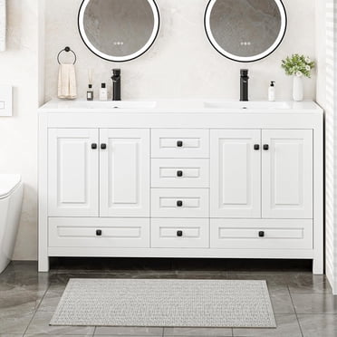GAZHOME Meuble-Lavabo de Salle de Bain avec Double Lavabo, Armoire de Rangement de Salle de Bain Moderne Épaissie, 60 Pouces