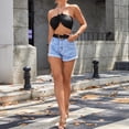 thumbnail image 4 of Women's Elastic Waist Drawstring Denim Shorts - High Waist, Rugged Casual, Summer Fashion Shorts, 4 of 7