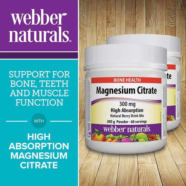 Webber Naturals Magnesium Citrate 300mg Powder, 200g, 2-pack. Two containers of magnesium citrate powder with a natural berry flavour, formulated to support bone, teeth, and muscle health. Each container offers 200g of sugar-free, gluten-free, and non-GMO powder, ideal for vegans and vegetarians. The label features colourful fruit and vegetable graphics, and the jars are placed on a wooden surface.