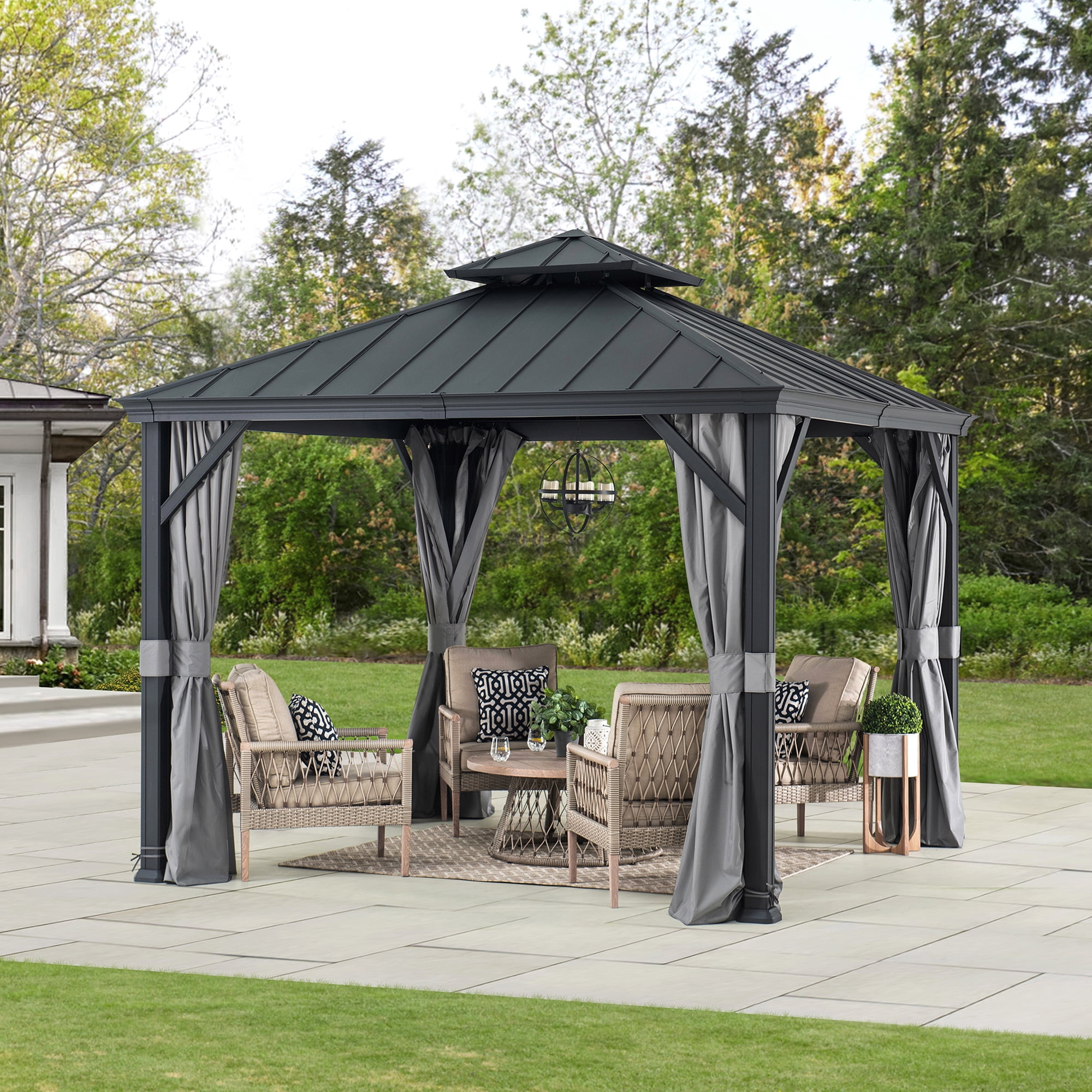 Sunjoy Tonnelle Gazebo Belvédère 10 pi x 10 pi avec toit rigide à 2 niveaux