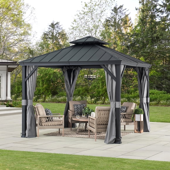 Sunjoy Tonnelle Gazebo Belvédère 10 pi x 10 pi avec toit rigide à 2 niveaux