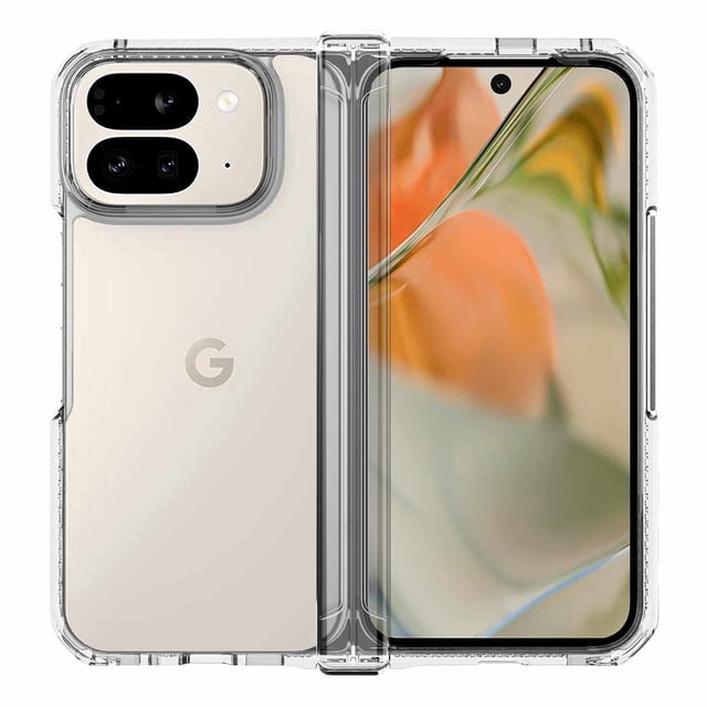 ITSKINS Hybrid_R Hinge Case Clear for Google Pixel 10 Pro Fold, a slim, transparent case made from recycled materials with a removable hinge cover and magnetic system. It provides 360-degree protection, raised edges for screen and camera, premium drop protection up to 3m, and antimicrobial defense. The phone screen displays a blurred abstract wallpaper with orange and green tones.