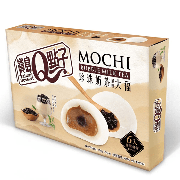 Milk Tea Mochi bubble milk tea flavored Taiwanese snack box showing two white mochi with soft glutinous texture, brown milk tea filling, and black tapioca pearls on a wooden spoon, alongside a glass of bubble milk tea, 210g package made in Taiwan