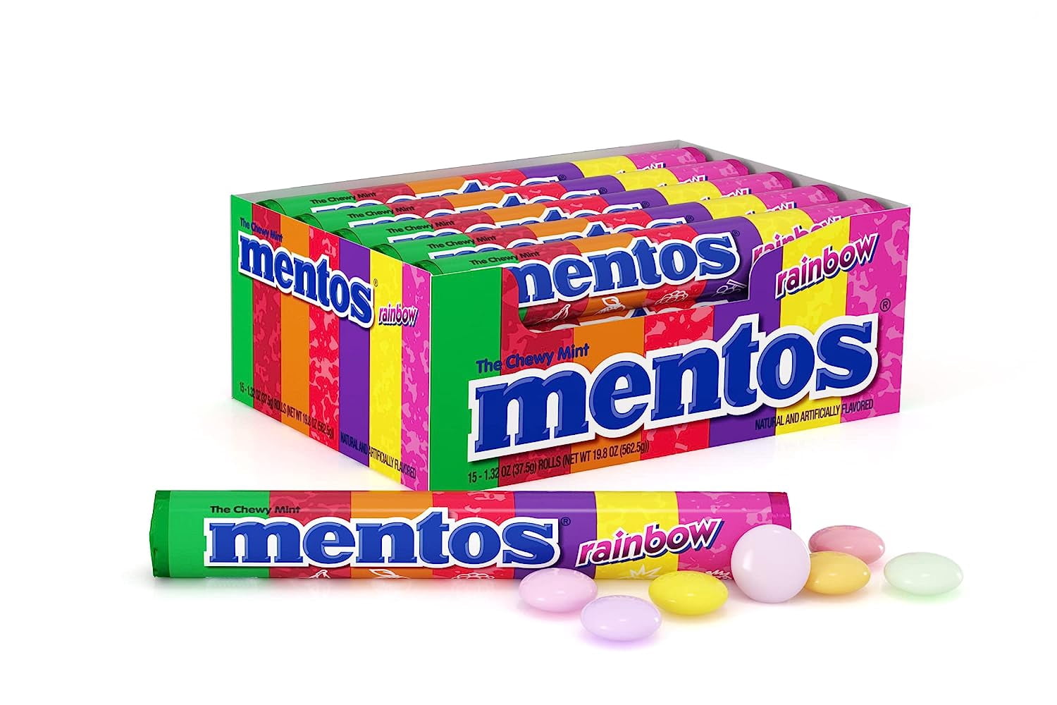 Mentos Rouleau de Bonbons à la Menthe Moelleux, Arc-en-Ciel, Rouleaux de 1,32 oz (Lot en Vrac de 15)
