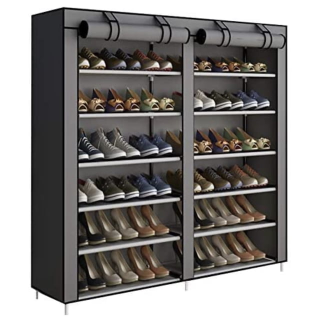 AGASY Shoe Rack Portable Storage Free Standing Shoe Organizer with Non-Woven Fabric Cover in grey, featuring six tiers for up to 36 pairs of women's shoes or 30 pairs of men's sneakers. The rack is constructed with steel pipes, PP plastic connectors, and a breathable, moisture-proof non-woven fabric cover. The cover can be rolled up with Velcro or zipped closed to protect against dust. Adjustable tier heights accommodate various shoe types, including high heels and boots. Compact design suitable for bedrooms, basements, or camping.