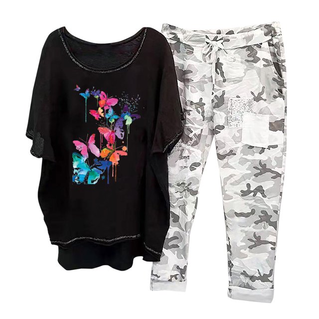 Ensemble 2 Pcs pour Femmes Été Imprimé Col Rond Manches Mi-Longues Pull + Pantalon Ensemble Vêtements Filles en Solde