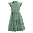 thumbnail image 5 of XIMIN Robe d'Été Décontractée Élégante à Col Rond pour Préadolescentes, Robe Quotidienne à Manches Courtes à Cap, Robe de Couleur Unie, Robe Formelle à Manches à Volants, Robes Trapèze avec Ceinture, Robe de Fête Évasée à Taille Haute, 5 of 5