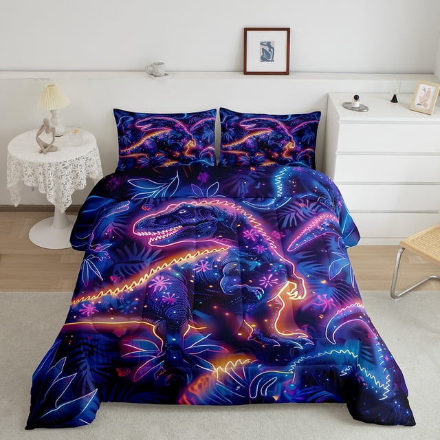 YST Dinosaur Bedding 3Pcs Colorful Neon Striped Comforter Set Tropical Botanical Floral Bedding Comforter Sets Jungle Magical Animal Down Comforter Full