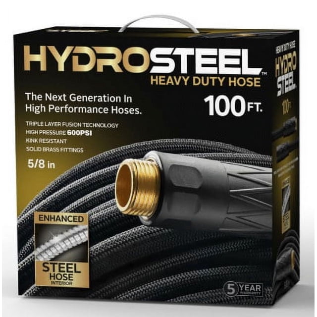 HydroSteel Boyau d'Arrosage Robuste en Acier à Triple Couche 100 Pi Illustré dans Son Emballage. la Boîte Met l'Accent sur des Caractéristiques comme la Technologie de fusion à Triple Couche, Haute Pression 600 PSI, Résistance aux Plis et Raccords en Laiton Massif. Conçu pour les Fournitures d'Arrosage, le Boyau Est Fabriqué avec une Chambre à Air en Caoutchouc, un tube serpent en Acier Inoxydable de Qualité Commerciale 304, et un Tissage en polyester pour la Durabilité, la Résistance à la Rouille et la protection contre les Perforations.